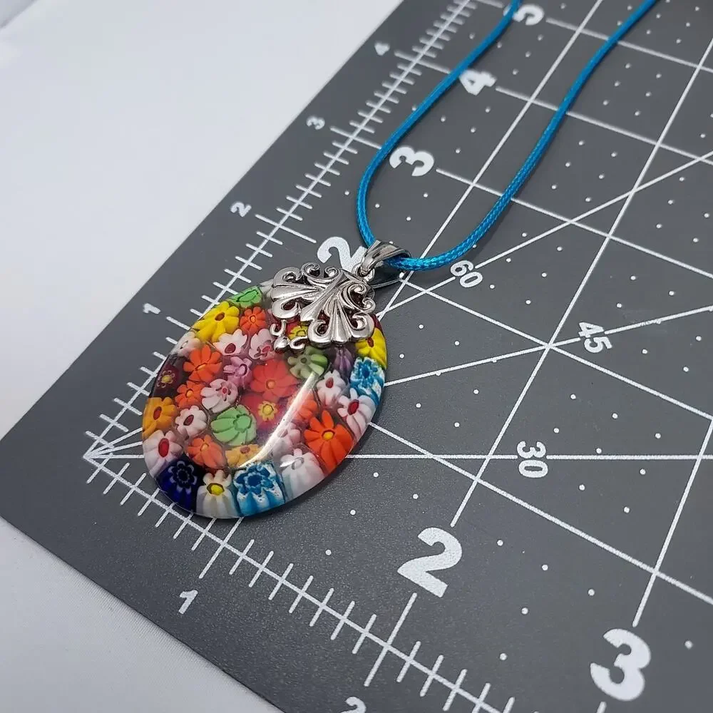 Glass Millefiori Pendant 2" drop Silver Tone Accents Colorful Italy Boho Artisan - Picture 8 of 9